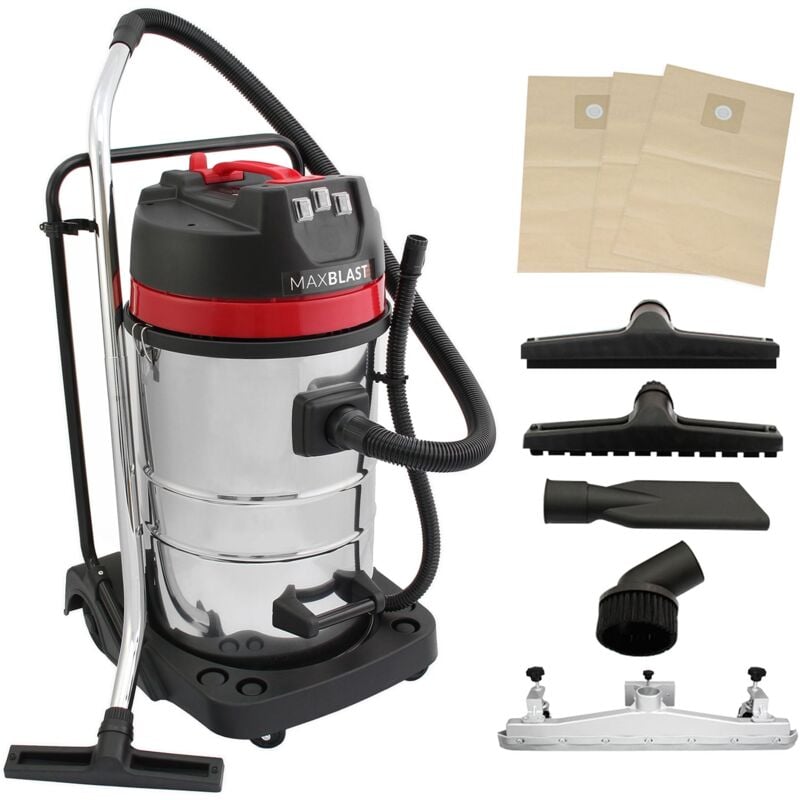 Monster Shop - Aspirateur Industriel 80L Eau et Poussière 5 Accessoires Nettoyage Commercial 3000W Moteur Triple Acier Inoxydable Filtre En Tissu