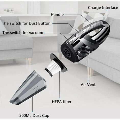 Aspirateur main sans fil 120W 500ml avec fonction humide & sèche et filtre HEPA lavable rechargeable pour maison table bureau voiture