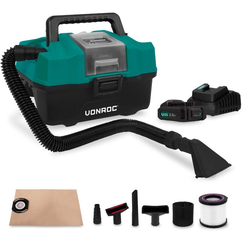 Aspirateur multi-usage portatif 20V – Bac de 15L - Récupération de poussières - accessoires et 2 batteries 2.0Ah et chargeur rapide inclus - Vonroc