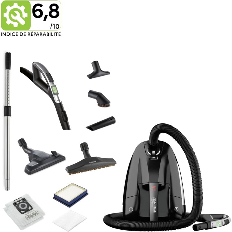 Nilfisk - Aspirateur Traineau, Avec 4 Accessoires et Télécommande, Sac Inclus, Filtre hepa 14, Noir - Elite