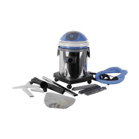 Aspirateur professionnel 1500W – Dépression 2400 mm H2O – Cuve inox 27L – Filtre anticolmatage pour cendres et eau – Flexible 2m Ø38