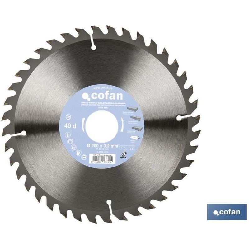 Cofan - Disque à onglet bois Ø200 x 30mm, 40 dents