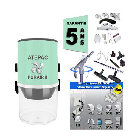 Aspiration centralisée ATEPAC PURAIR II (jusqu'à 180 M²), Garantie 5 ans + Set inter 9 M + 8 accessoires + kit 3 prises + kit prise balai + kit prise garage