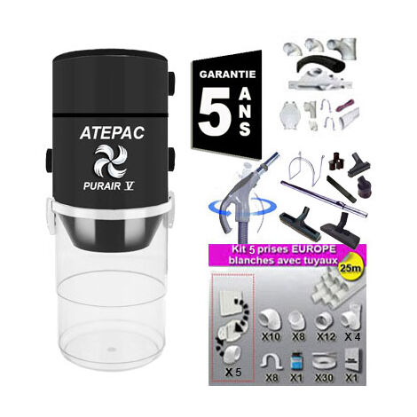 Aspiration centralisée ATEPAC PURAIR V garantie 5 ans (jusqu'à 500 M²) + Set inter 9 M + 8 accessoires + kit 5 prises + kit prise balai + kit prise garage