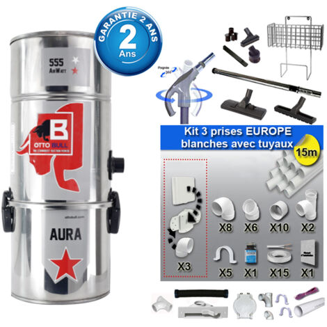 Aspiration centralisée avec sac OTTO BULL AURA 150 INOX (jusqu’à 150 m²), Garantie 2 ans + Set inter 9 M + 8 accessoires + kit 3 prises + kit prise balai + kit prise garage