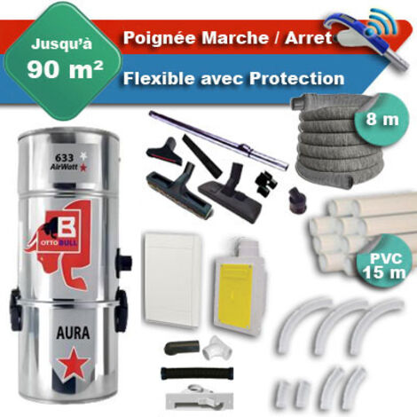 Aspiration centralisée avec sac OTTO BULL AURA 300 INOX garantie 2 ans + flexible rétractable 8 m avec housse de protection + poignée marche/arrêt + 7 accessoires + kit 1 prise RETRAFLEX + kit prise b
