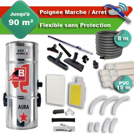 Aspiration centralisée avec sac OTTO BULL AURA 300 INOX garantie 2 ans + flexible rétractable 8 m + poignée marche/arrêt + 7 accessoires + kit 1 prise RETRAFLEX + kit prise balai (rayon d'action 90 m2