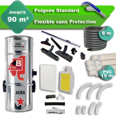 Aspiration centralisée avec sac OTTO BULL AURA 300 INOX garantie 2 ans + flexible rétractable 8 m standard + 7 accessoires + kit 1 prise RETRAFLEX + kit prise balai (rayon d'action 90 m2)