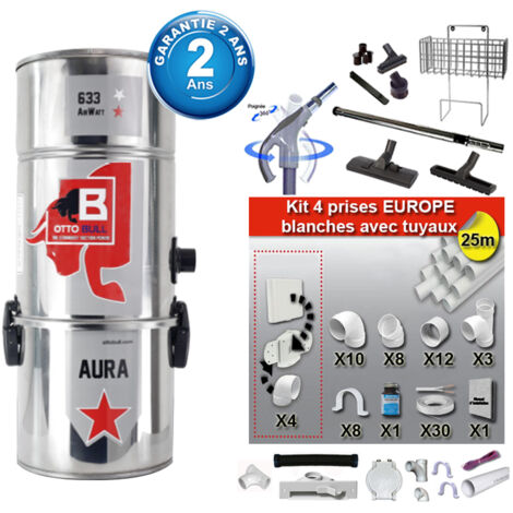 Aspiration centralisée avec sac OTTO BULL AURA 300 INOX (jusqu’à 300 m²), Garantie 2 ans + Set inter 9 M + 8 accessoires + kit 4 prises + kit prise balai + kit prise garage