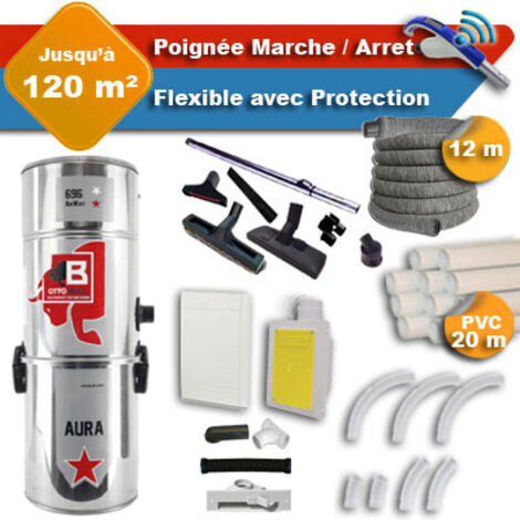 Aspiration centralisée avec sac OTTO BULL AURA 400 INOX garantie 2 ans + flexible rétractable 12 m avec housse de protection + poignée marche/arrêt + 7 accessoires + kit 1 prise RETRAFLEX + kit prise 