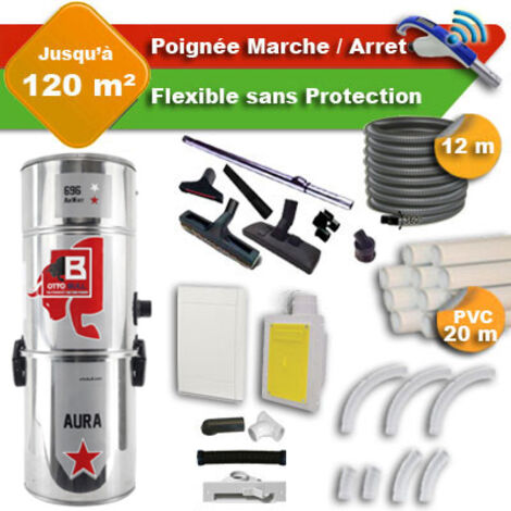 Aspiration centralisée avec sac OTTO BULL AURA 400 INOX garantie 2 ans + flexible rétractable 12 m + poignée marche/arrêt + 7 accessoires + kit 1 prise RETRAFLEX + kit prise balai (rayon d'action 120 