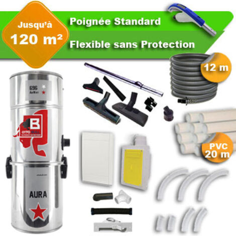 Aspiration centralisée avec sac OTTO BULL AURA 400 INOX garantie 2 ans + flexible rétractable 12 m standard + 7 accessoires + kit 1 prise RETRAFLEX + kit prise balai (rayon d'action 120 m2)