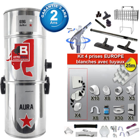 Aspiration centralisée avec sac OTTO BULL AURA 400 INOX (jusqu’à 400 m²), Garantie 2 ans + Set inter 9 M + 8 accessoires + kit 4 prises + kit prise balai + kit prise garage