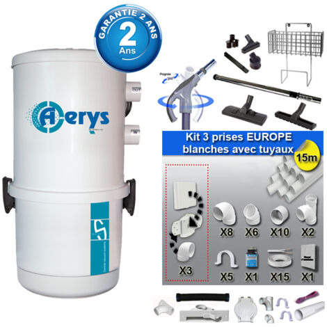 Aspiration centralisée avec sac Sistem Air Aerys 250 (jusqu’à 250 m²), Garantie 2 ans + Set inter 9 M + 8 accessoires + kit 3 prises + kit prise balai + kit prise garage