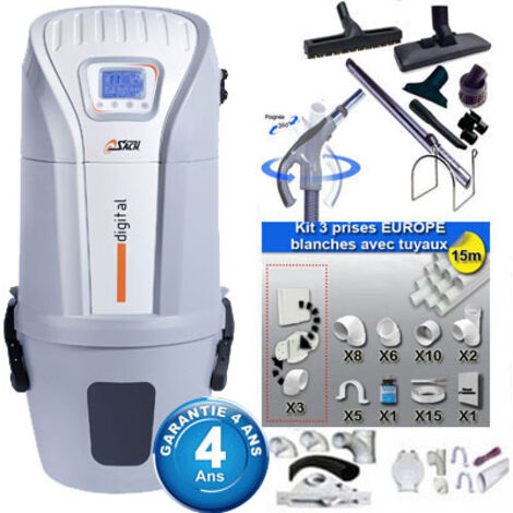 Aspiration centralisée SACH VAC Digital 1.6 kW garantie 4 ans (jusqu'à 250 M²) + Set inter 9 M + 8 accessoires + kit 3 prises + kit prise balai + kit prise garage