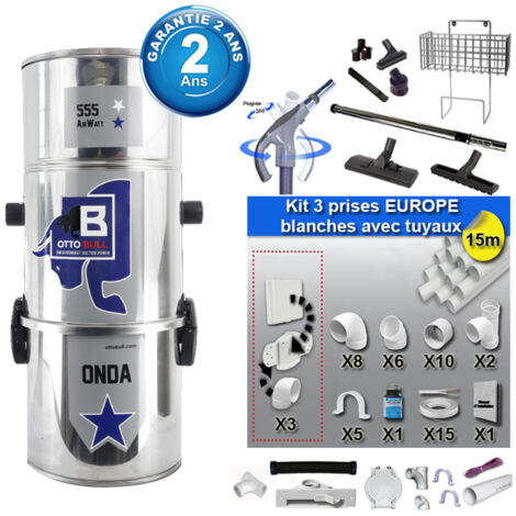 Aspiration centralisée sans sac OTTO BULL ONDA 150 INOX (jusqu’à 150 m²), Garantie 2 ans + Set inter 9 M + 8 accessoires + kit 3 prises + kit prise balai + kit prise garage