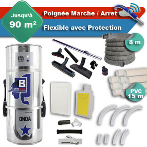 Aspiration centralisée sans sac OTTO BULL ONDA 300 INOX garantie 2 ans + flexible rétractable 8 m avec housse de protection + poignée marche/arrêt + 7 accessoires + kit 1 prise RETRAFLEX + kit prise b