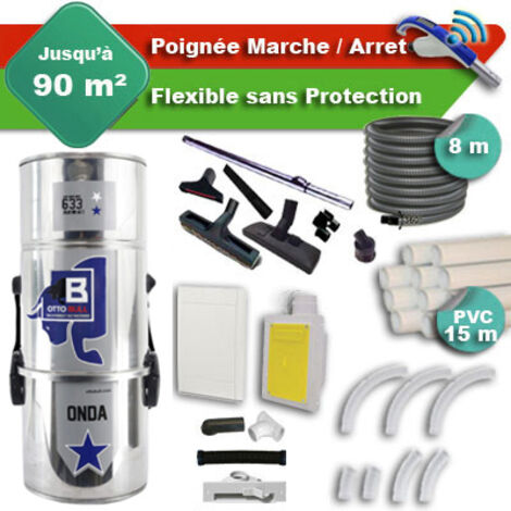 Aspiration centralisée sans sac OTTO BULL ONDA 300 INOX garantie 2 ans + flexible rétractable 8 m + poignée marche/arrêt + 7 accessoires + kit 1 prise RETRAFLEX + kit prise balai (rayon d'action 90 m2