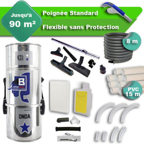 Aspiration centralisée sans sac OTTO BULL ONDA 300 INOX garantie 2 ans + flexible rétractable 8 m standard + 7 accessoires + kit 1 prise RETRAFLEX + kit prise balai (rayon d'action 90 m2)