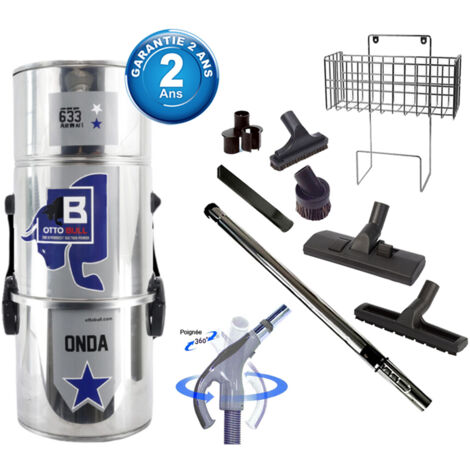Aspiration centralisée sans sac OTTO BULL ONDA 300 INOX (jusqu’à 300 m²), Garantie 2 ans + Set inter 9 M + 8 accessoires + 1 Kit de nettoyage micro offert