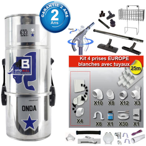 Aspiration centralisée sans sac OTTO BULL ONDA 300 INOX (jusqu’à 300 m²), Garantie 2 ans + Set inter 9 M + 8 accessoires + kit 4 prises + kit prise balai + kit prise garage