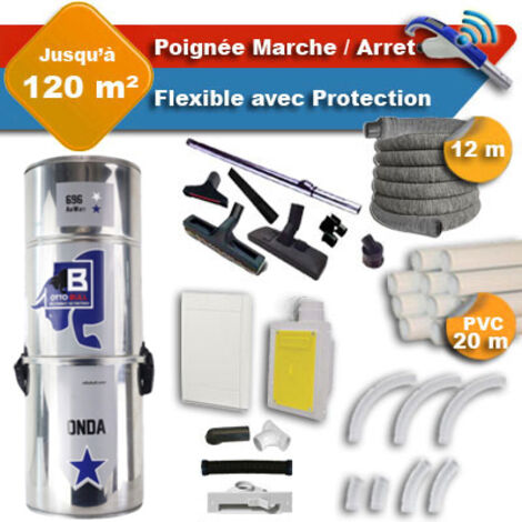 Aspiration centralisée sans sac OTTO BULL ONDA 400 INOX garantie 2 ans + flexible rétractable 12 m avec housse de protection + poignée marche/arrêt + 7 accessoires + kit 1 prise RETRAFLEX + kit prise 
