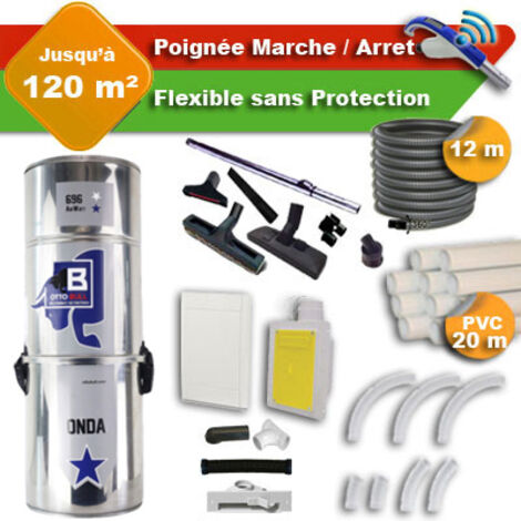 Aspiration centralisée sans sac OTTO BULL ONDA 400 INOX garantie 2 ans + flexible rétractable 12 m + poignée marche/arrêt + 7 accessoires + kit 1 prise RETRAFLEX + kit prise balai (rayon d'action 120 