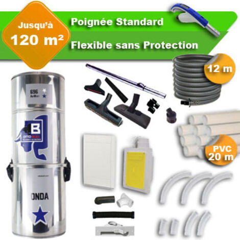 Aspiration centralisée sans sac OTTO BULL ONDA 400 INOX garantie 2 ans + flexible rétractable 12 m standard + 7 accessoires + kit 1 prise RETRAFLEX + kit prise balai (rayon d'action 120 m2)