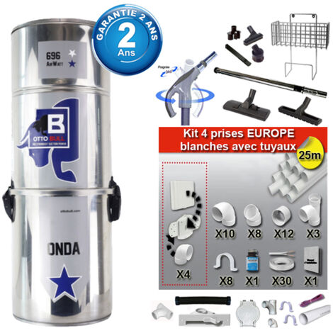 Aspiration centralisée sans sac OTTO BULL ONDA 400 INOX (jusqu’à 400 m²), Garantie 2 ans + Set inter 9 M + 8 accessoires + kit 4 prises + kit prise balai + kit prise garage