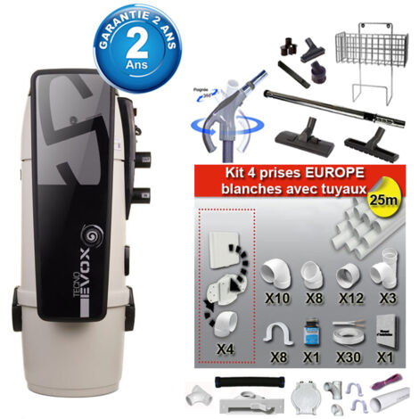 Aspiration centralisée Tecno Evox 350 (jusqu’à 350 m²), Garantie 2 ans + Set inter 9 M + 8 accessoires + kit 4 prises + kit prise balai + kit prise garage
