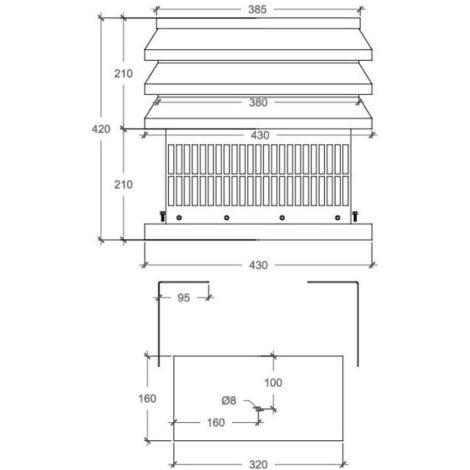 Aspiratore aspirafumi elettrico testa quadra e base quadra regolabile da 320x320 a 420x420mm in acciaio inox