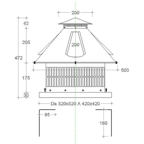 Aspiratore aspirafumi elettrico testa spiovente e base quadra regolabile da 320x320 a 420x420mm in acciaio inox