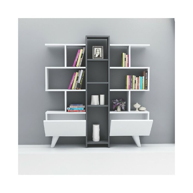 

Asrin Libreria con estanterias, puertas - de pared, oficina, sala de estar - Blanco, Antracita en Madera, 130 x 22 x 140,8 cm