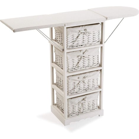 BIGBUY Asse da stiro mobile con 4 cassetti cestini contenitori panni indumenti per stirare comodo pratico salvaspazio in legno e vimini bianco