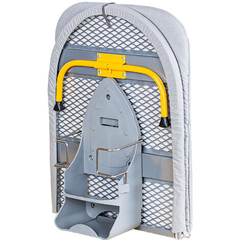Asse da stiro pieghevole tascabile 89x 33 cm con rivestimento in cotone 100%, contenitore compatto, tavolo salvaspazio, portaferro integrato, grigio/giallo