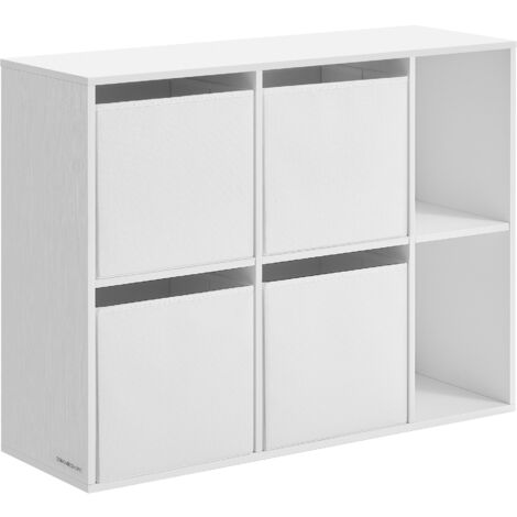 SONGMICS HOME Assemblage Ultra-rapide sans Outils Toolless, Meuble de Rangement, Étagère, Bibliothèque, 6 Compartiments, 4 Tiroirs en Tissu, 27 x 83 x 61,6 cm, Blanc Neige