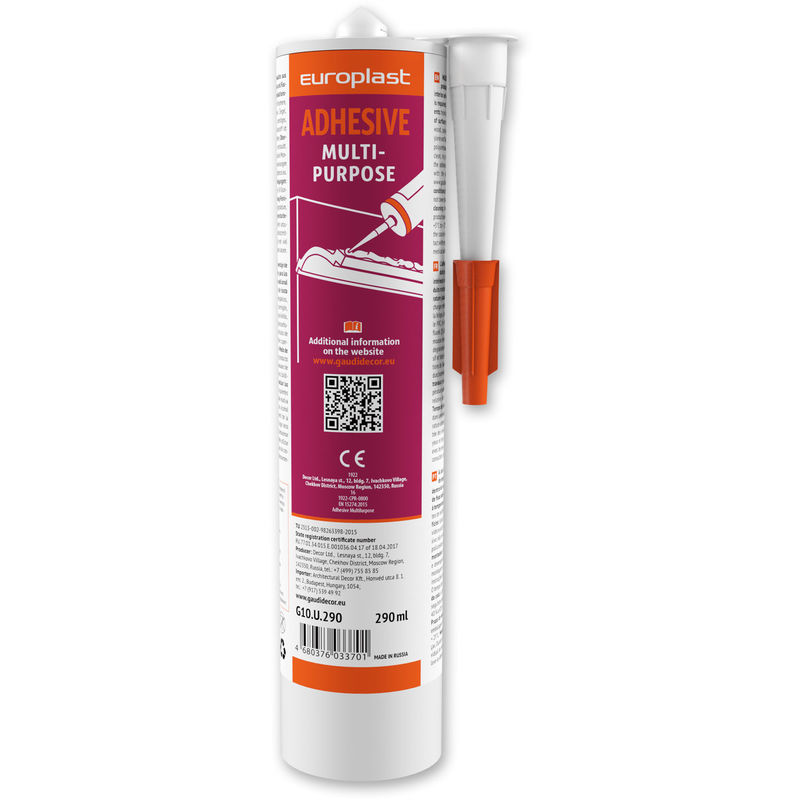 Assembly adhesive for mouldings Profhome G10U290 extra strong MS polymer glue for Indoor and outdoor installation damp environments white 290 ml