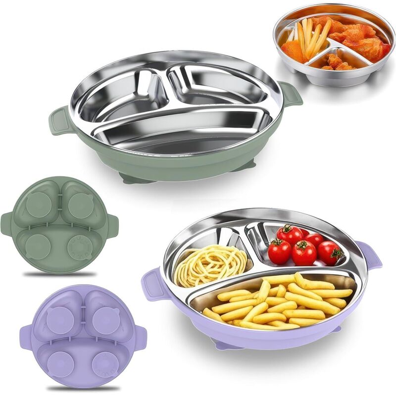 Assiette Bébé en Acier Inoxydable avec Ventouse, 2 Pièces D'assiettes en Acier Inoxydable avec Ventouse Assiettes Partagées avec Housses Amovibles en