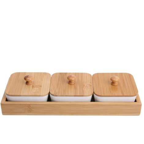 Assiette de Présentation en Céramique à 3 Sections avec Couvercle en Bambou pour Apéritifs, Fruits et Noix