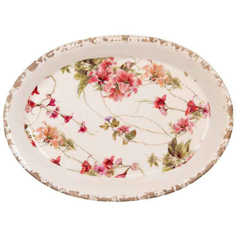 Assiette décorative beige céramique fleurs 25x18x3cm
