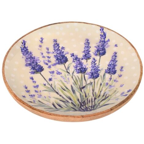 Assiette lavande L, en bois et résine avec motif floral vintage