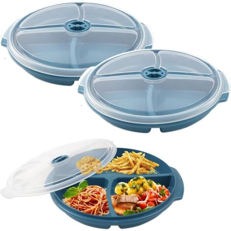 Assiette Micro-Ondes - Lot De 3 - Plastique - 3 Compartiments - Couvercle Inclus - Bento Repas