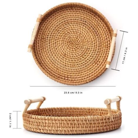 Assiette,Plateau rond en rotin tissé à la main, avec poignée en bois, plateau en osier, panier à pain, assiette à - Type 24cm