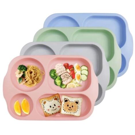 Assiettes 5 Compartiments pour Les Adultes et Enfants, Lot de 4 Assiette Plastique Reutilisable et Incassables,sans BPA