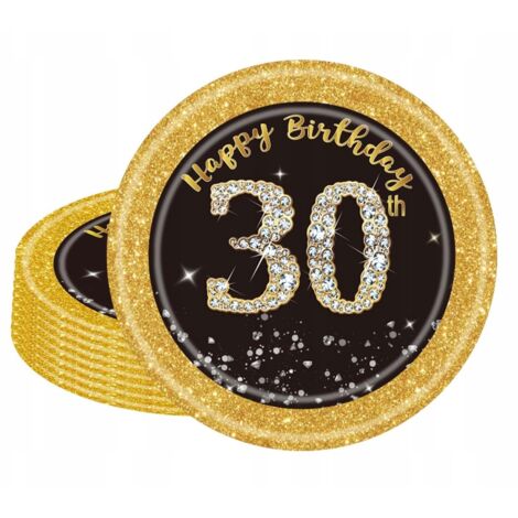 Assiettes d'anniversaire 30e anniversaire, jetables, en papier, lot de 16, noires