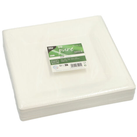 Assiettes en canne à sucre « pures », forme rectangulaire 26 cm x 26 cm, couleur : blanc, 50 pièces.