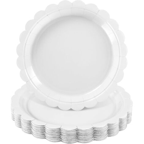 Assiettes En Carton - 30 Pièces - Blanc - Bord Festonné - Résistant Huile - 22,9 Cm