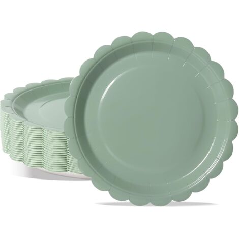 Assiettes En Carton - 50 Pièces - 18cm - Bord Crénelé Vert Sauge - Fêtes Et Pique-niques