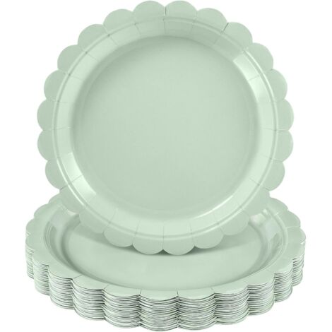 Assiettes en Carton - Lot de 30 - Vert Sauge - Bord Festonné - Jetables - 22,9 cm