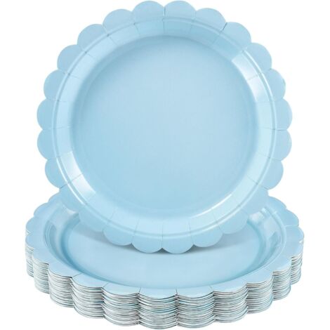 Assiettes en papier - 30 pièces - Bleu clair - Bord festonné - Imperméable - Fête et mariage - 22,9 cm